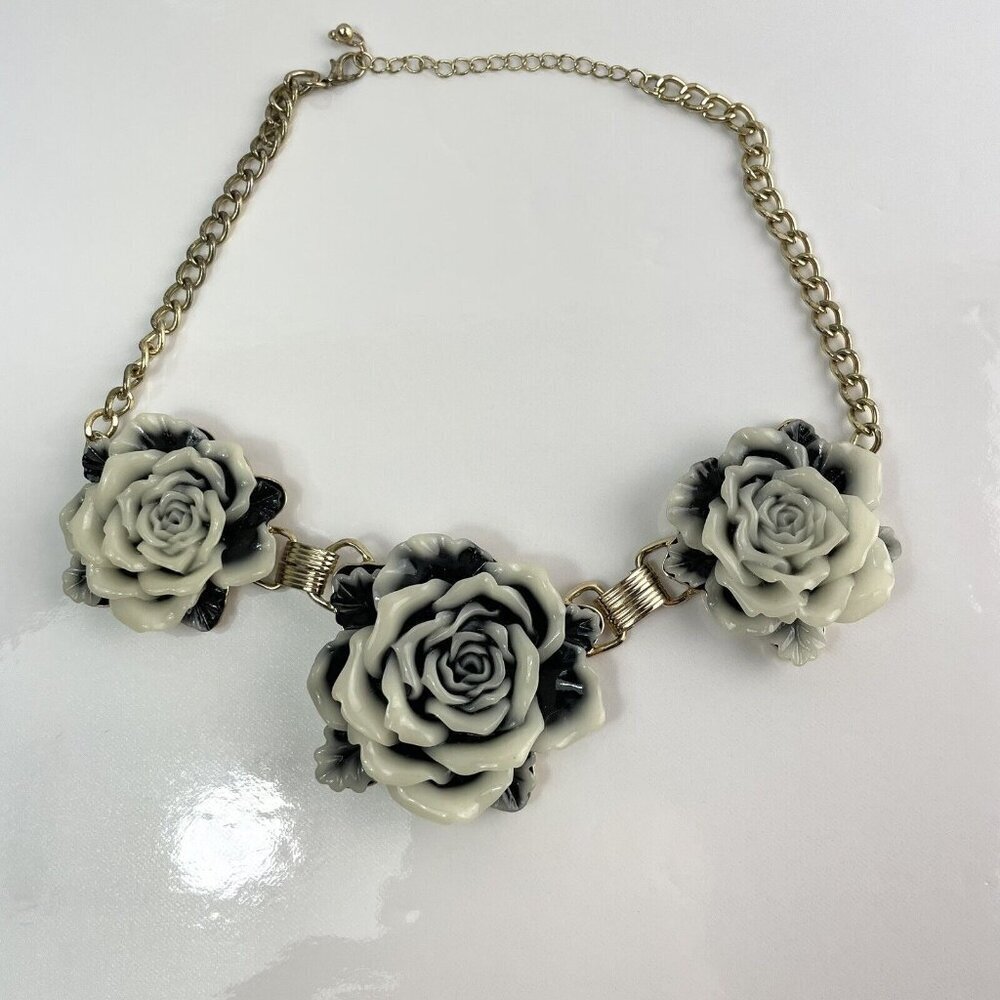 Rose Flower Statement Necklace - Gold Tone Floral Sculpted Resin